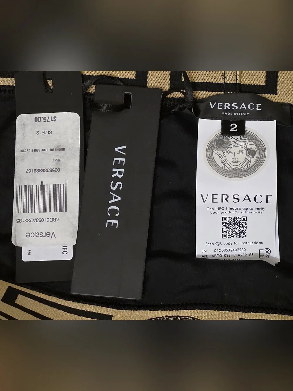 VERSACE NWT Medusa motif Greca High Waist Bikini Bottoms Size 2=US S Black Gold